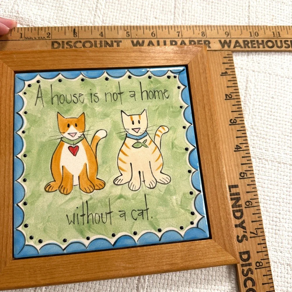 VTG Cat Framed Ceramic Tile Wall Decor House Not A Home Without A Cat Art Kitsch